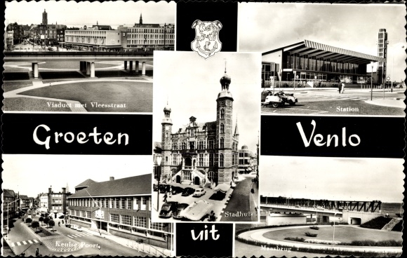 Postcard Venlo Limburg Niederlande, Viaduct with Vleesstraat, Station, Maasbrug