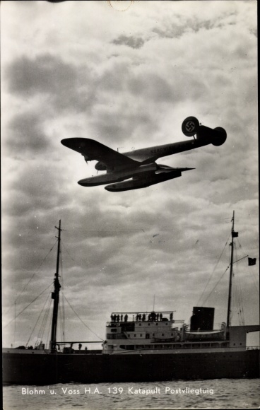 Postcard Blohm &amp; Voss Ha 139 catapult mail plane Nordwind, catapult ship