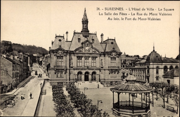 Ak Suresnes Hauts de Seine, L'Hôtel de Ville, Le Square, La Salle des Fêtes, Rue du Mont Valérien