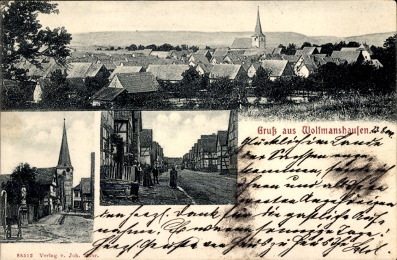 Ak Wolfmannshausen Grabfeld Thüringen, Gesamtansicht, Straßenpartie, Kirche