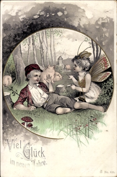 Postcard Happy New Year, Swineherd, Elf