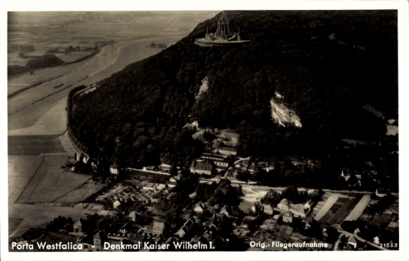 Postcard Porta Westfalica in North Rhine Westphalia, aerial photograph, Kaiser Wilhelm I. Monument