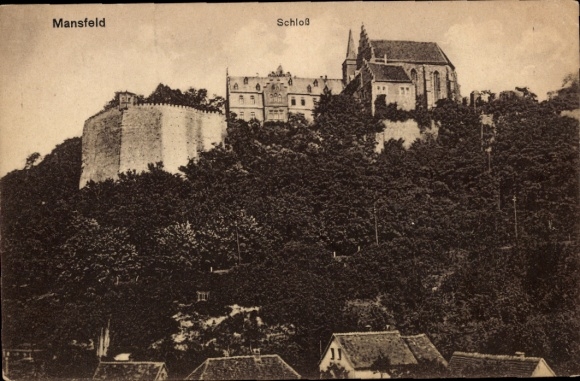 Ak Mansfeld im Harzvorland, Schloss  Burg auf einem Hügel, Bäume im Vordergrund