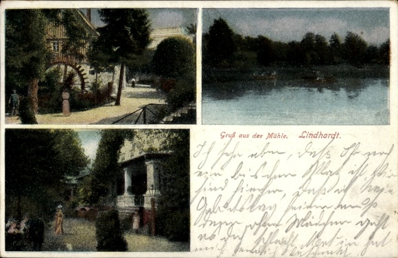 Ak Lindhardt Naunhof Sachsen, Drei Ansichten, Mühle, See, Personen am Wasser