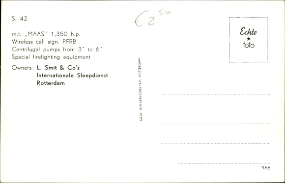 Postcard L. Smit &amp; Co., MT Maas, ship tug
