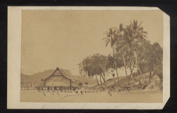 Malaysia - Originalphotographie - August Sachtler, um 1864 - Penang, Wohnhaus auf Pfählen, Palmen