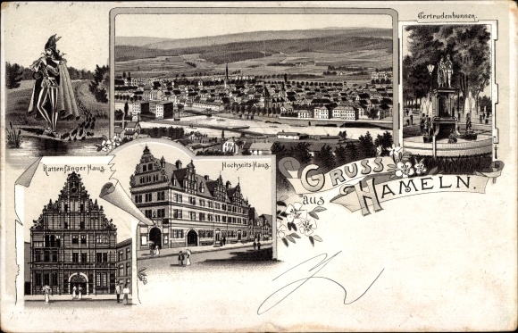 Chromo-Litho Hamelin in Lower Saxony, Pied Piper House, Wedding House, Gertrudenbrunnen
