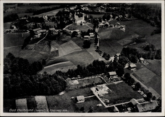 Postcard Bad Heilbrunn in Upper Bavaria, aerial photograph, rural surroundings, buildings, trees, streets