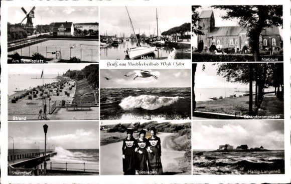 Postcard Wyk on Föhr North Friesland, tennis court, harbour, Nieblum, beach promenade, storm surge, Frisian women