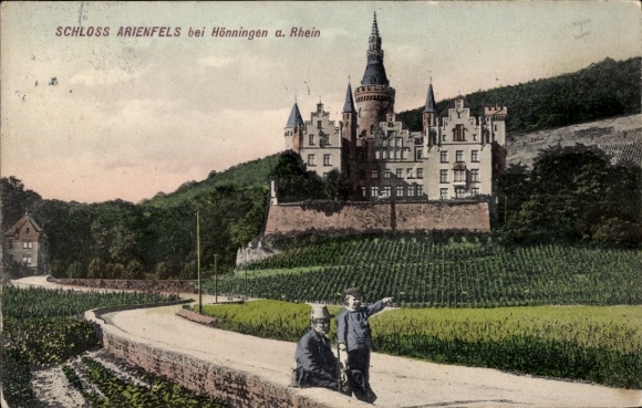 Postcard Bad Hönningen am Rhein, Arienfels Castle, hilly landscape, vineyards, two men
