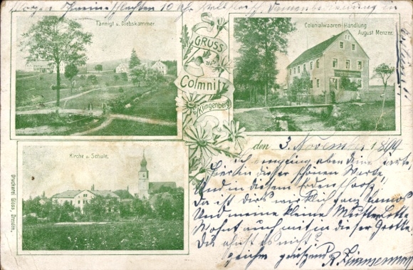 Postcard Klingenberg in the Ore Mountains Saxony, three views, including church, grocery store, ...