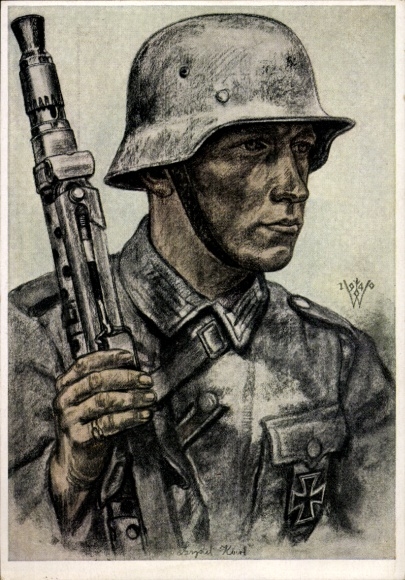 Kunstenaar Ak Willrich, Wolfgang, Een motorrijder, machinegeweer, stalen helm, VDA P 1 R 9 nr. 3