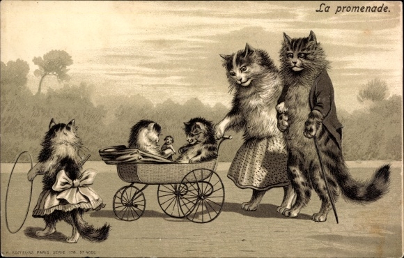 Embossed Chromo-Litho Humanized cats, family, prams, tires