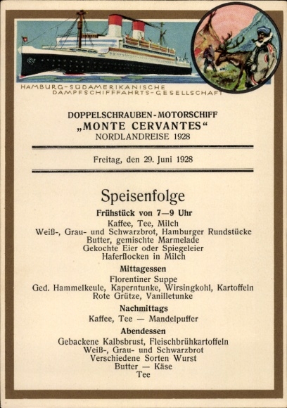 Ak Doppelschrauben-Motorschiff Monte Cervantes, HSDG, Speisenfolge