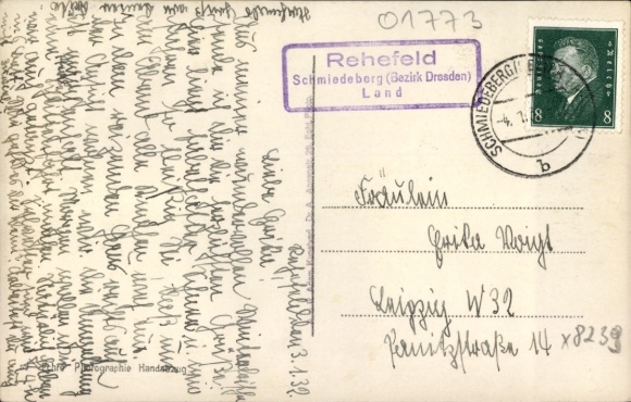 Country postmark Rehefeld Schmiedeberg (Dresden district) country, January 4th, 1932, PC Rehefeld