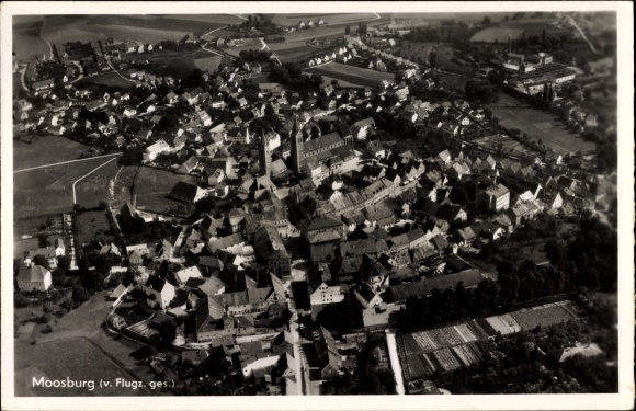 PC Moosburg an der Isar in the district of Freising, total view of the village, church, aerial photograph