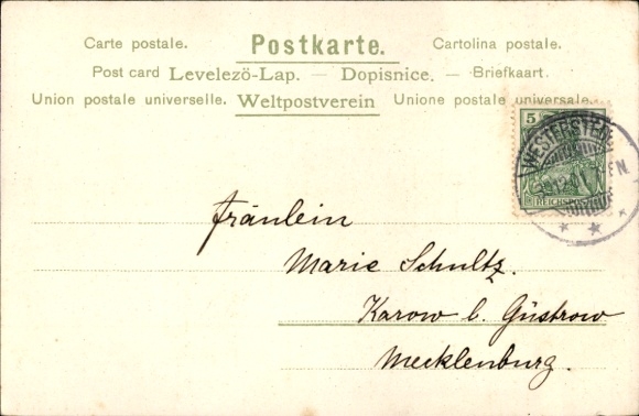 Postcard Berlin Pankow Karow, New Year's greeting with herald holding a flag with the inscription 'Happy New Year...'