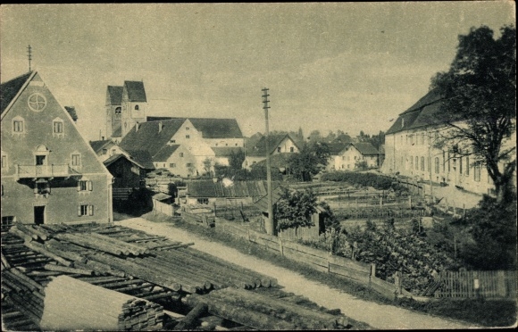 Postcard Steingaden in Upper Bavaria, local section, church, sawmill