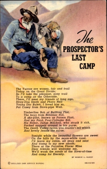 Ak The Prospector's Last Camp, Minnie J. Hardy, alter Mann, Esel