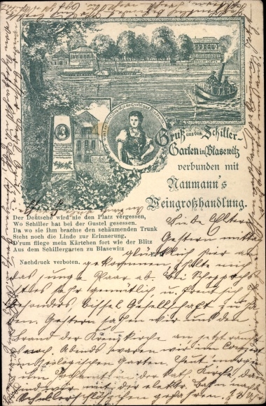 litho Dresden Blasewitz, Schiller Garden, Naumann's wijngroothandel, monument