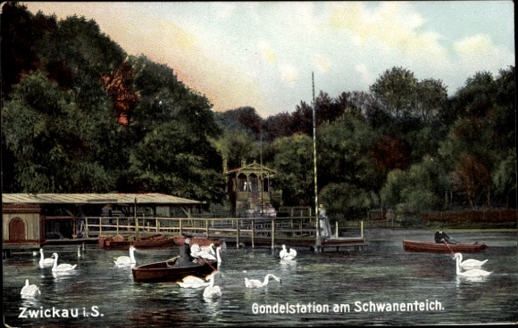 Postcard Zwickau in Saxony, gondola station at the Swan Pond, rowing boats