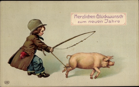 Embossed Postcard Happy New Year, child pulls a pig by its tail