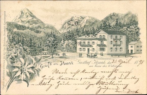 Chromo-Litho Ilsank Bischofswiesen Upper Bavaria, Pension Inn Ilsank at the foot of the Watzmann