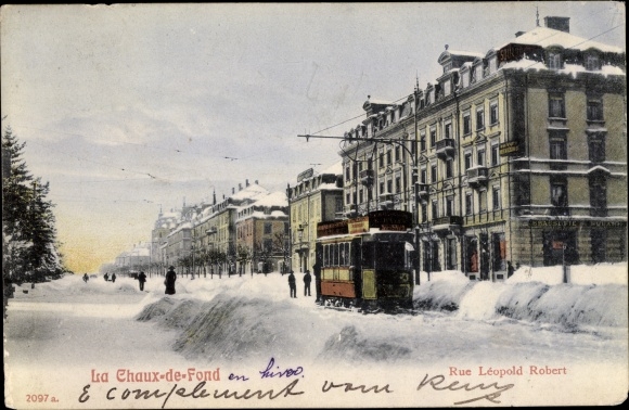 Postcard Neuchâtel Neuchâtel city, La Chaux de Fond, Rue Léopold Robert, tram, snowy landscape