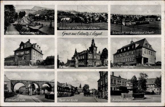 Ak Oelsnitz im Erzgebirge, Teilansichten vom Deutschlandschacht, Eisenbahnbrücke, Rathaus