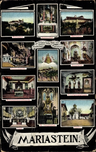 Postcard Mariastein in Tirol, Mariastein pilgrimage church, chapel of grace, organ, church
