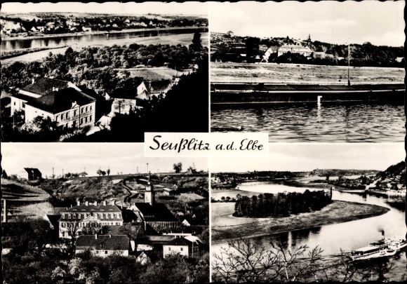 Ansichtkaart Seußlitz Nünchritz aan de Elbe, uitzicht op de stad, bocht in de Elbe