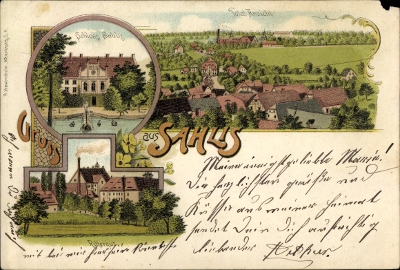 Litho Kohren Sahlis Frohburg Sachsen, Schloss, Rittergut, Blick auf den Ort