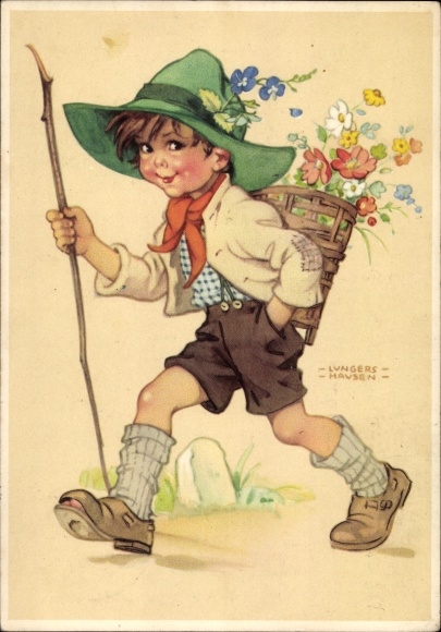 Artist PC Lungershausen, Ilse Wende, boy with backpack, flowers