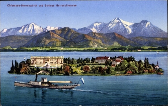 Postcard Chiemsee Herrenwörth Upper Bavaria, Herrenchiemsee Palace, steamer