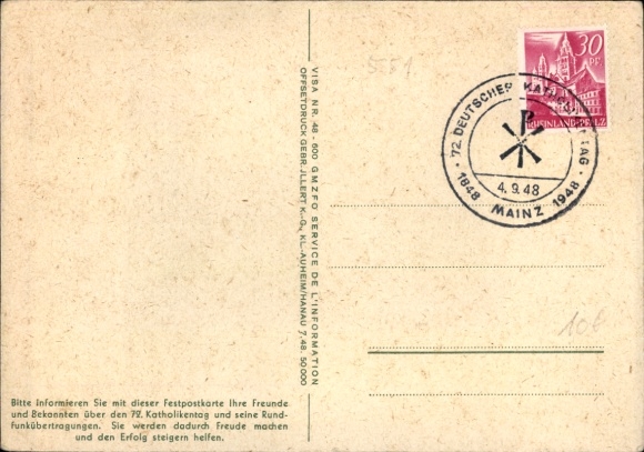 Postcard Mainz in Rhineland Palatinate, 72nd German Catholic Congress 1848-1948, Don't complain, act!