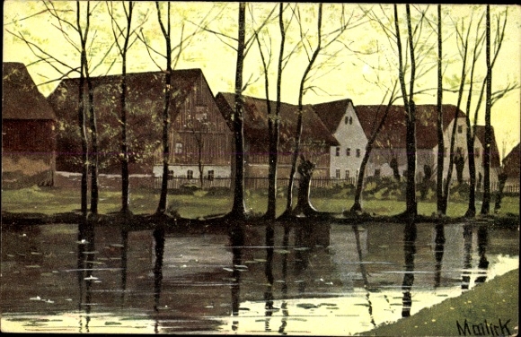 Artist Postcard Mailick, houses, river, trees
