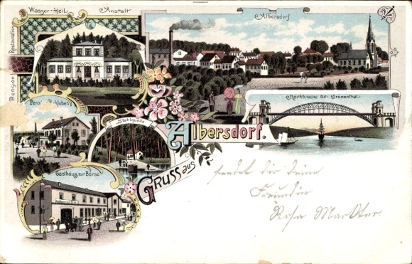 Chromo-Litho Albersdorf Dithmarschen, hydrotherapy facility, Pension Ruhleben, Gasthaus zur Börse, high bridge