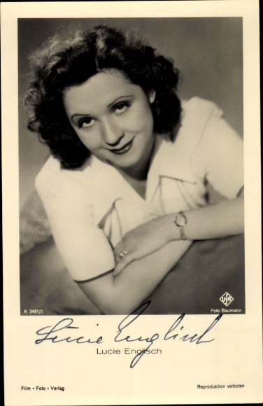 Postcard actress Lucie English, portrait, Ufa film, autograph