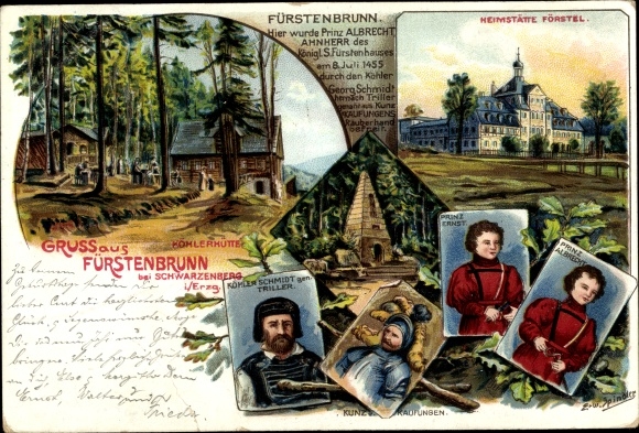 Artist Chromo-Litho Spindler, E., Waschleithe Grünhain Beierfeld in the Ore Mountains, Köhlerhütte Fürstenbrunn