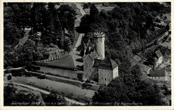 Postcard Dehrn Runkel on the Lahn, aerial photograph of a castle, BDM summer camp, gamekeeper's photograph, Wiesba