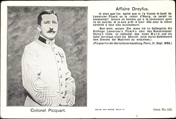Postcard Affaire Dreyfus, Colonel Picquart, portrait in uniform, quote, court hearing 1898