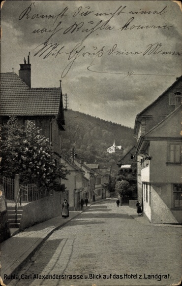 Postcard Ruhla in western Thuringia, Carl Alexander Strasse and a view of the Hotel zum Landgraf