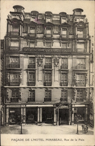 Ak Parijs II. Arrondissement Beurs, Facade de l'Hotel Mirabeau, Rue de la Paix