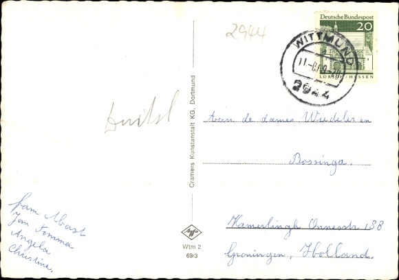 Postcard Wittmund in Ostfriesland, district savings bank, marketplace, Drostenstrasse, church, mill