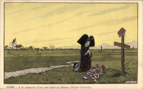 Artist Postcard Hansi, Praying woman in Alsatian folk costume, soldier's grave