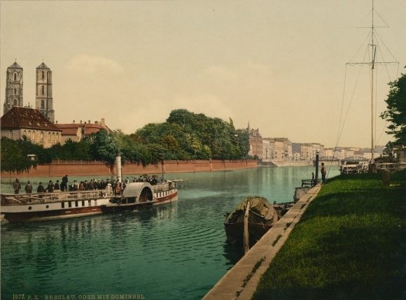 Fot. Wrocław Breslau Śląsk, Odra z Ostrów Tumski, parowiec