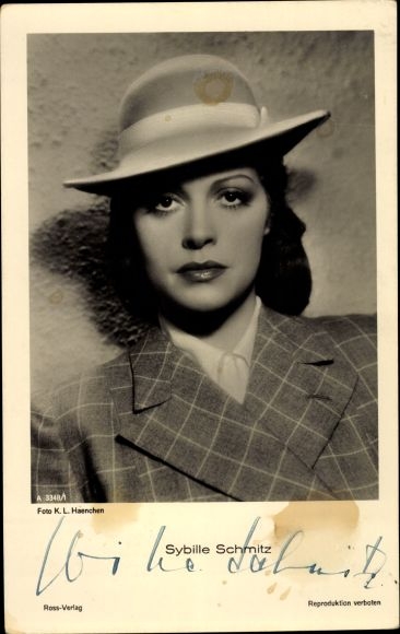 Postcard actress Sybille Schmitz, portrait, hat, autograph