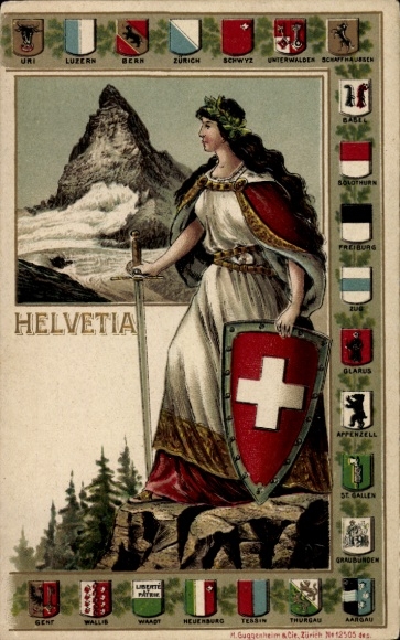 Embossed coat of arms Chromo-Litho Helvetia, Switzerland, Matterhorn, cantonal coat of arms