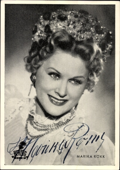 Ak actrice Marika Rökk, portret, handtekening, haaraccessoires