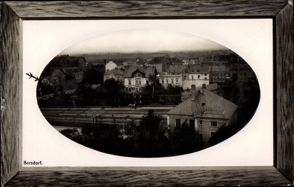 Embossed passepartout PC Borsdorf in Saxony, view of the town, train station, track side